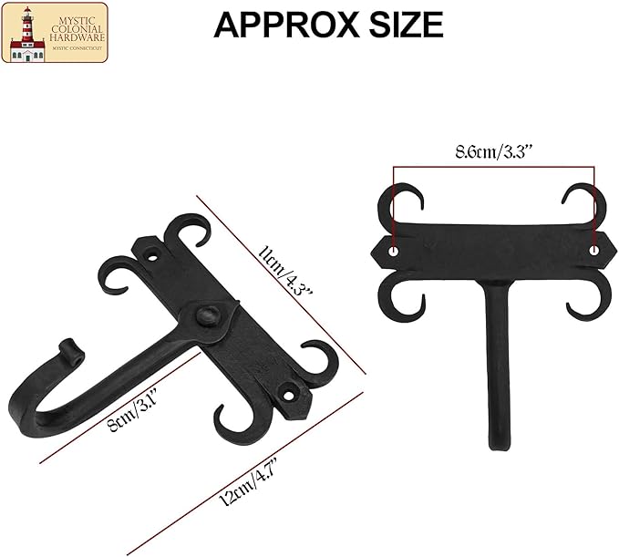 Mystic Colonial Rustic Cast Iron Wall Hooks, Heavy Duty Retro Utility Hooks for Hanging Coat, Bag, Towel, Robe, Hat and More, Mounting Hardware Included, Pack of 2