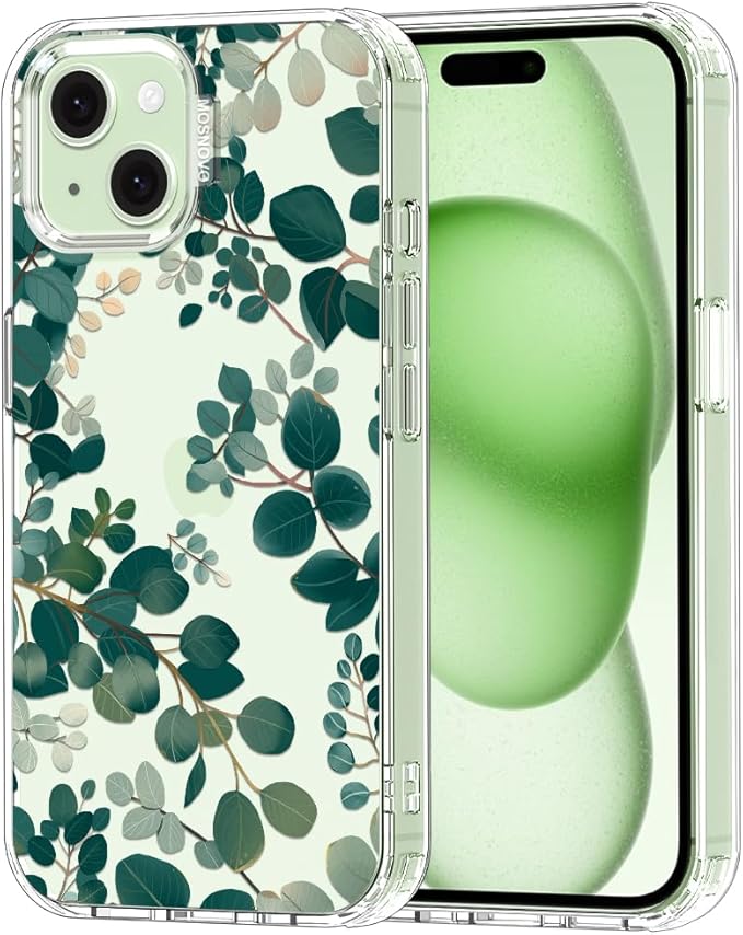 MOSNOVO Case for iPhone 15, [Buffertech 6.6ft Military-Grade Drop Protection] [Anti Peel Off Tech] Clear TPU Bumper Phone Case Cover Design - Eucalyptus