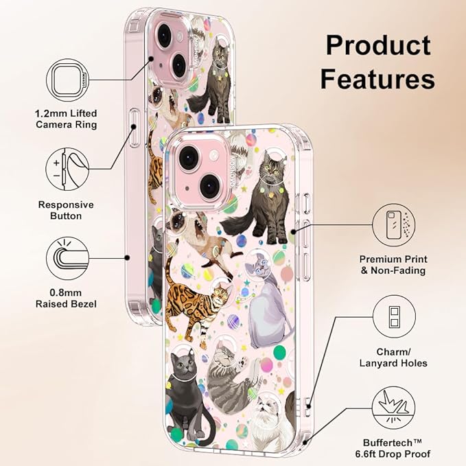 MOSNOVO Case for iPhone 15 Plus/iPhone 14 Plus, [Buffertech 6.6ft Military-Grade Drop Protection] [Anti Peel Off Tech] Clear TPU Bumper Phone Case Cover Design - Space Cat