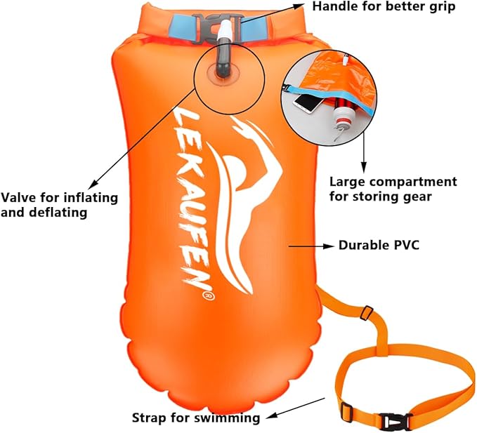 Swim Buoy for Open Water, 20L Swim Safety Float Waterproof Dry Bag for Swimmers Triathletes Kayakers Snorkelers, Swimming Pull Buoy for Safer Swim Training (Light Orange)