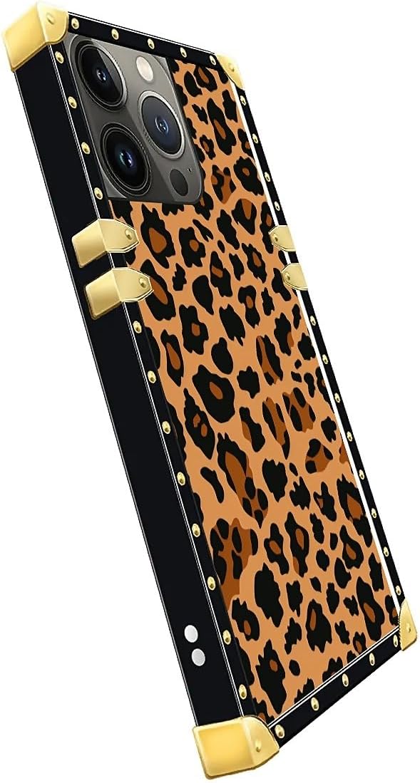 Compatible with iPhone 15 Pro Max Case, Brown Leopard Texture Luxury Golden Decoration for Girl Women Soft TPU Shockproof Protective Hard PC Back for iPhone 15 Pro Max