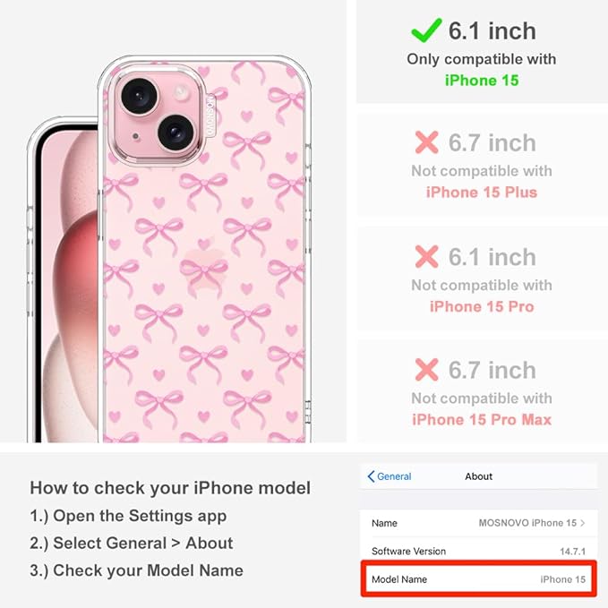 MOSNOVO Case for iPhone 15, [Buffertech 6.6ft Military-Grade Drop Protection] [Anti Peel Off Tech] Clear TPU Bumper Phone Case Cover Design - Bowtiful Love