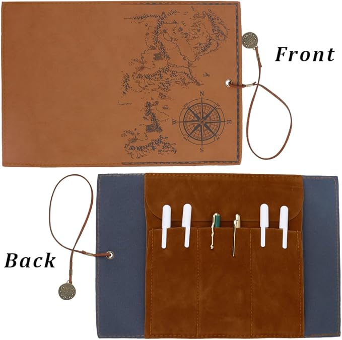 GORGECRAFT PU Leather Pencil Bag Strap Vintage Treasure Map Compass Cover Rollup Storage Organizer Retro Portable Stationery Pouch Pen Bag Wrap Roll Case Holder for Artist Drawing Makeup Light Camel
