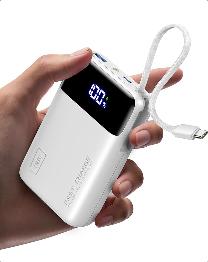 INIU 20000mAh Power Bank, Small Portable Charger, 45W PD Fast Charging Battery Pack with Build in USB-C Cable, Travel Phone Charger for iPhone 17 16 15 14 Air Samsung S25 S24 Google iPad Xiaomi, White