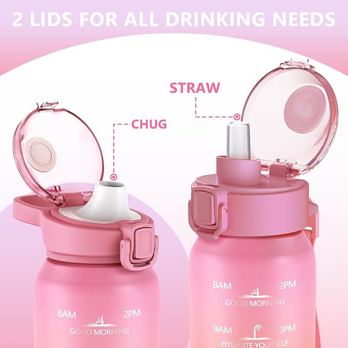 SLUXKE 24oz Insulated Water Bottle with Straw and Spout Lids, 18/10 Stainless Steel 700ml Double Wall Vacuum Sports Water Jug, Leakproof Hydro Cup Flask for Men, Women & Kids PINK WHITE