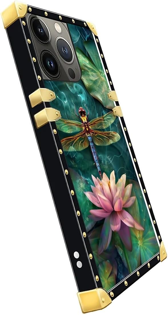 Compatible with iPhone 15 Pro Max Case, Colourful Dragonfly Pink Lily Pads Luxury Golden Decoration for Girl Women Soft TPU Shockproof Protective Hard PC Back for iPhone 15 Pro Max