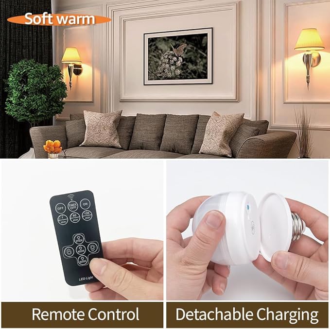 BLUEYE Rechargeable Light Bulbs,2Pack,10W,Remote Control,Soft Warm 2700K-6000K,50W Equivalent,450Lumens,E26 Detachable Charging,Battery Operated Emergency Lamp for No Outlet