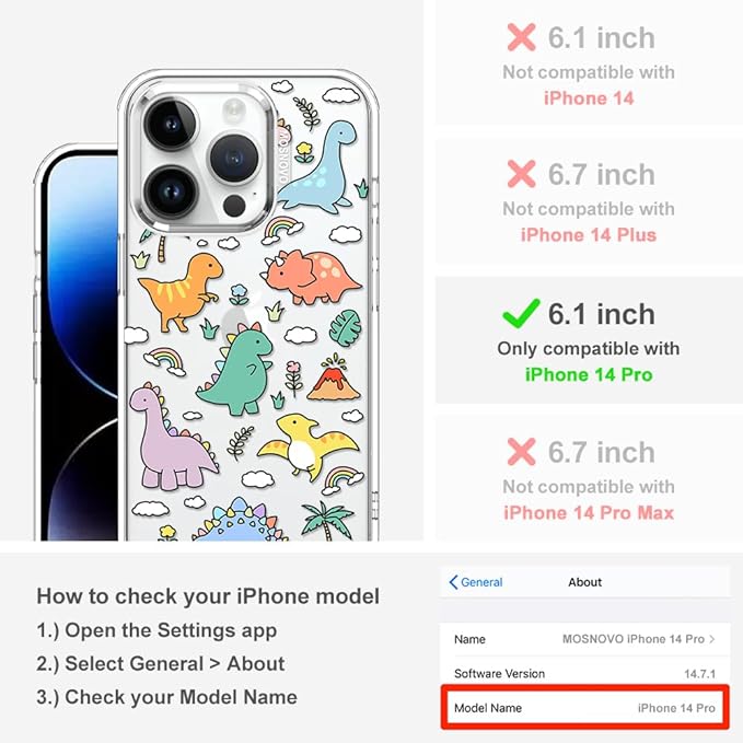 MOSNOVO for iPhone 14 Pro Case | Military Grade 6.6ft Drop Tested | Clear with Dinosaur Land Design