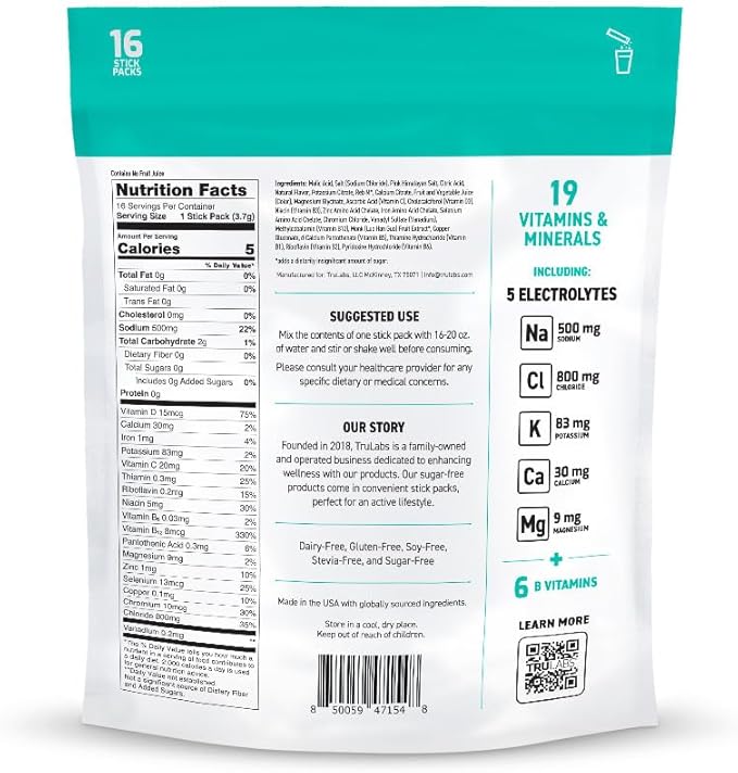 TRULABS Hydrate Electrolyte Drink Mix – Strawberry Lemon Flavor, Sugar-Free Hydration Packets with 1422 mg Electrolytes & 19 Vitamins & Minerals, Monk Fruit Sweetened, On-the-Go Sticks (16 Count)