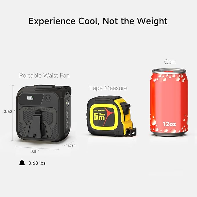 SEAINGO Portable Waist Fan Rechargeable – 10000mAh, 42 ft/s Max, 5 Speeds 16000RPM, Personal Cooling Wearable Clip Body Belt Shirt Fans, Hanging Neck Fan with Light for Camping Travel Outdoor Indoor