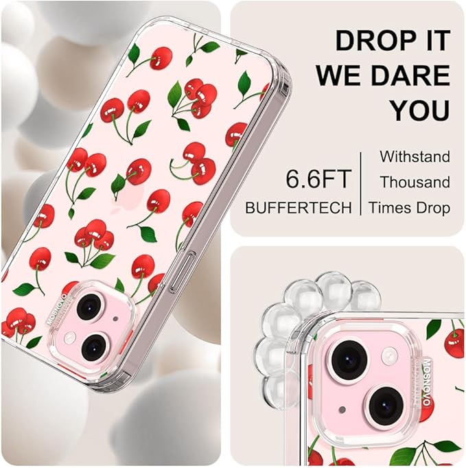 MOSNOVO Case for iPhone 15 Plus/iPhone 14 Plus, [Buffertech 6.6ft Military-Grade Drop Protection] [Anti Peel Off Tech] Clear TPU Bumper Phone Case Cover Design - Cute Cherry