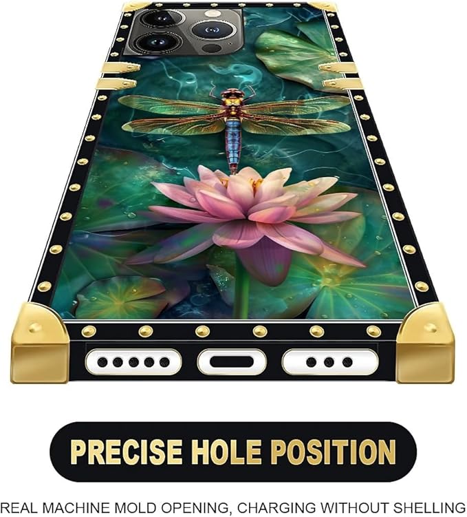 Compatible with iPhone 13 Pro Max Case, Colourful Dragonfly Pink Lily Pads Luxury Golden Decoration for Girl Women Soft TPU Shockproof Protective Hard PC Back for iPhone 13 Pro Max