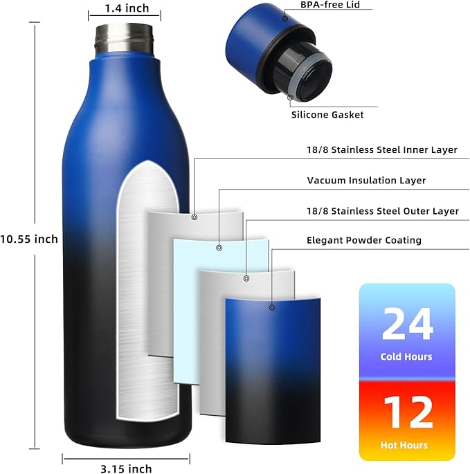 BJPKPK Insulated Water Bottles, 25 oz Stainless Steel Metal Water Bottle with Strap, BPA Free Leak Proof Jugs, Mugs, Flasks, Reusable Thermal Flasks for Sports & Travel, Blue Black