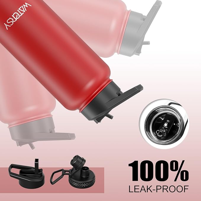 32oz Insulated Water Bottle (Cold for 48 Hrs),BPA Free&Leak Proof,Stainless Steel Water Flask,Water Jug with Straw Spout Lids for Gym,Hiking,Travel,Red