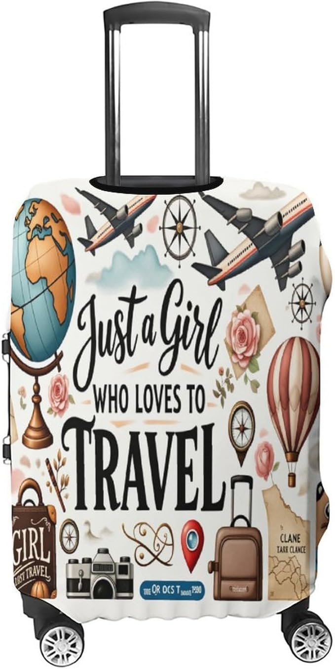 Travel Girl Adventure Globe Airplane Suitcase Camera Map Stretch Luggage Cover, Washable Suitcase Protector Fits 22-24in Cases, Secure Fit for Carry On Checked Bags, Travel Essentials