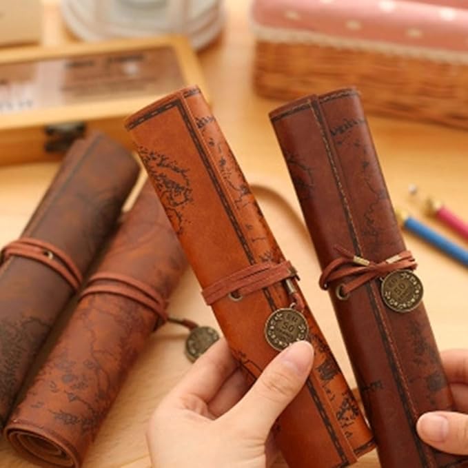 MAGICLULU Retro Treasure Map Roll up Pencil Case Leather Large Capacity Pencil Pouch Organizer for Art Supplies and Makeup Brushes 8.19X8.19 Inches
