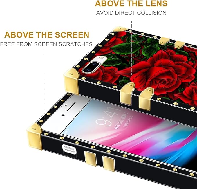 Compatible with iPhone 8 7 SE Case, Vector Red Rose Green Leaf Luxury Golden Decoration for Girl Women Soft TPU Shockproof Protective Hard PC Back for iPhone 8 7 SE