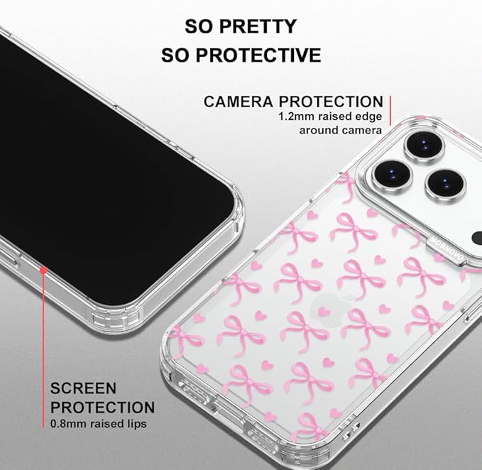 MOSNOVO for iPhone 17 Pro Case | Military Grade 6.6ft Drop Tested | Camera Control | Clear with Bowtiful Love Design