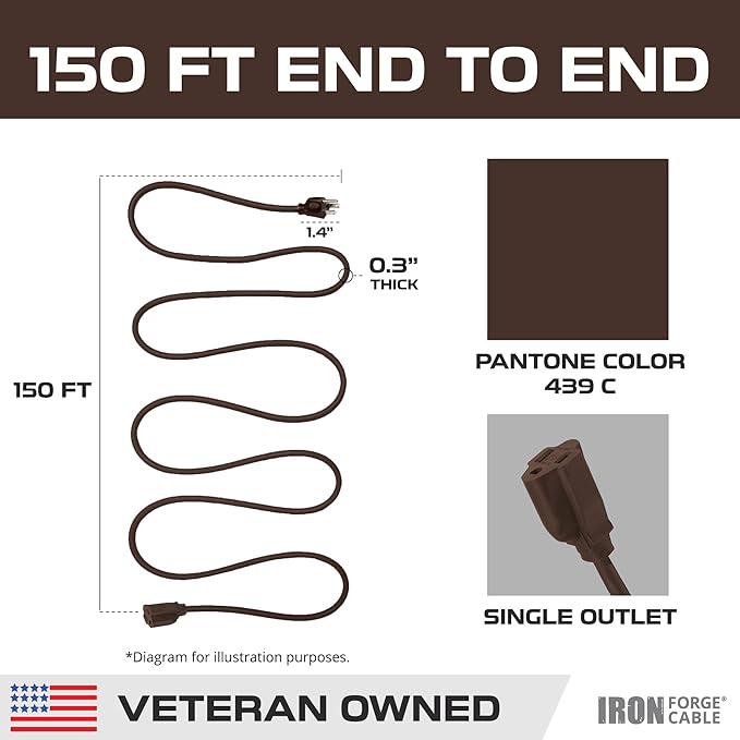Iron Forge Cable Outdoor Brown Extension Cord 150 ft - 16 Gauge 10 Amp Heavy Duty Brown Outdoor Extension Cords 3 Prong - 16/3 SJTW Great for Outdoor