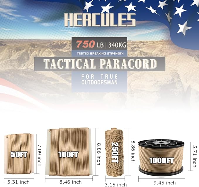 HERCULES 750lb Paracord 4mm 11 Strands Tactical Parachute Cord, 50' 100' 250' 1000' Utility Rope for Camping, Survival, Outdoor Gear (Desert Tan, 100FT)