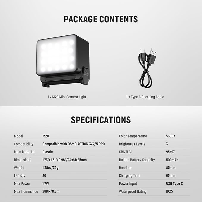NEEWER Basics M20 Magnetic LED Camera Light Compatible with DJI OSMO Nano Action 3 4 5 Pro Cage NEEWER AC009 PRO Pocket 3 Accessories Expansion Adapter, Plastic Mini Fill Light Attachment 5600K CRI95+
