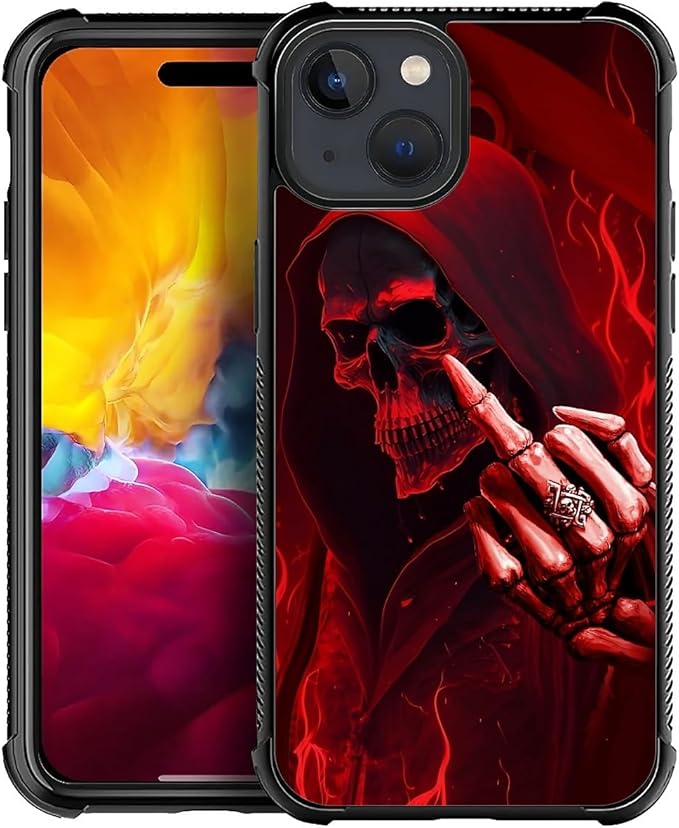 for iPhone 15 Plus Case, Gestures Funny Skull Pattern Graphic Design Girl Boy Soft Silicone Hard Acrylic Shock Protection for iPhone 15 Plus