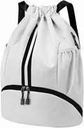 Hoedia Sports Drawstring Backpack - String Swim Gym Bag with Shoes Compartment and Wet Proof Pocket for Women/Men (White)