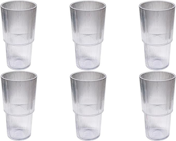 Fine Ribbed 22 oz Durable Acrylic Jumbo Drinking Glasses, Shatter-Resistant and Dishwasher-Safe Indoor/Outdoor Drinkware for Water, Iced Tea, Juice, and Cocktails - Clear - Set of 6