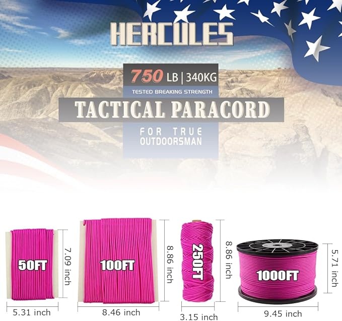 HERCULES 750lb Paracord 4mm 11 Strands Tactical Parachute Cord, 50' 100' 250' 1000' Utility Rope for Camping, Survival, Outdoor Gear (Rose Pink, 50FT)