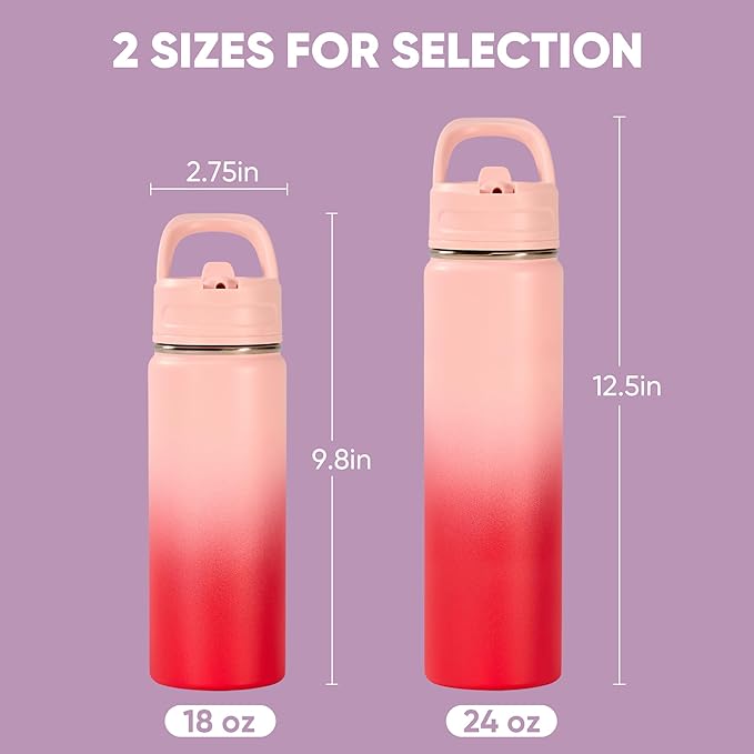 Fijinhom 24oz Insulated Stainless Steel Water Bottle with Straws, Double Wall Vacuum Insulated Bottles, Metal Thermo for Travel, Sports, Leak-Proof, BPA Free, Women & Men, Pink Gradient