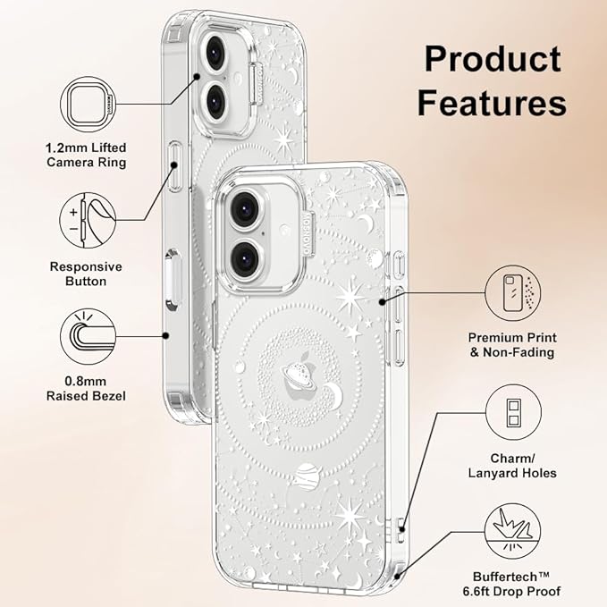 MOSNOVO Case for iPhone 16 Plus, [Buffertech 6.6ft Military-Grade Drop Protection] [Anti Peel Off Tech] Clear TPU Bumper Phone Case Cover Design - Galaxy