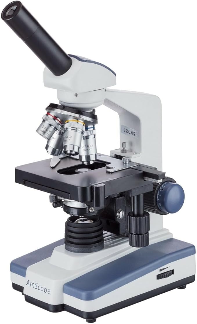 AmScope M620A Compound Monocular Microscope, WF10x and WF16x Eyepieces, 40x-1600x Magnification, Brightfield, LED Illumination, Abbe Condenser, Mechanical Stage, 110V