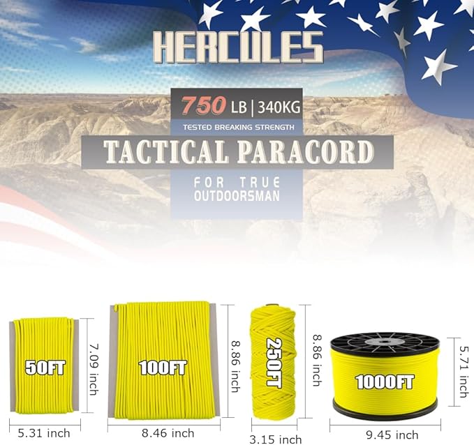 HERCULES 750lb Paracord 4mm 11 Strands Tactical Parachute Cord, 50' 100' 250' 1000' Utility Rope for Camping, Survival, Outdoor Gear (Neon Yellow, 1000FT)