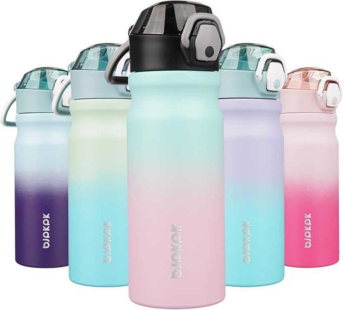 BJPKPK 18oz Insulated Water Bottle with Straw Stainless Steel Double Wall Water Bottles BPA Free Leak Proof Thermal Flask with Lockable Flip Lid and Soft Silicone Spout,Bubble Gum