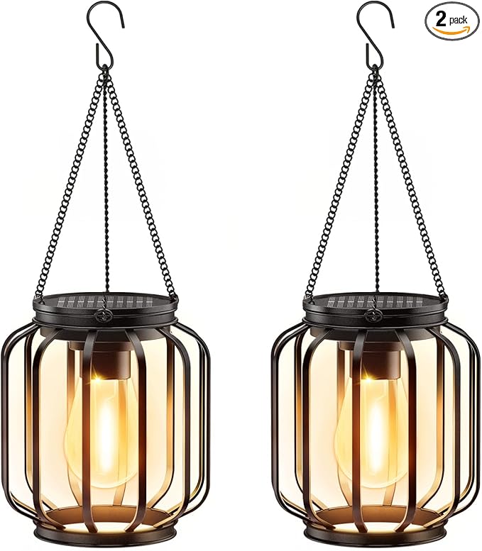 Solar Hanging Lanterns Outdoor: 2 Pack Metal Solar Hanging Lights with Hook, Bright - Warm Waterproof LED Lanterns for Outside, Classic Decorative Solar-Powered Light for Yard Garden Patio Porch Decor