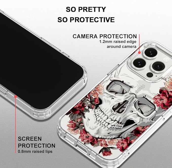 MOSNOVO Case for iPhone 15 Pro, [Buffertech 6.6ft Military-Grade Drop Protection] [Anti Peel Off Tech] Clear TPU Bumper Phone Case Cover Design - Red Flower Skull