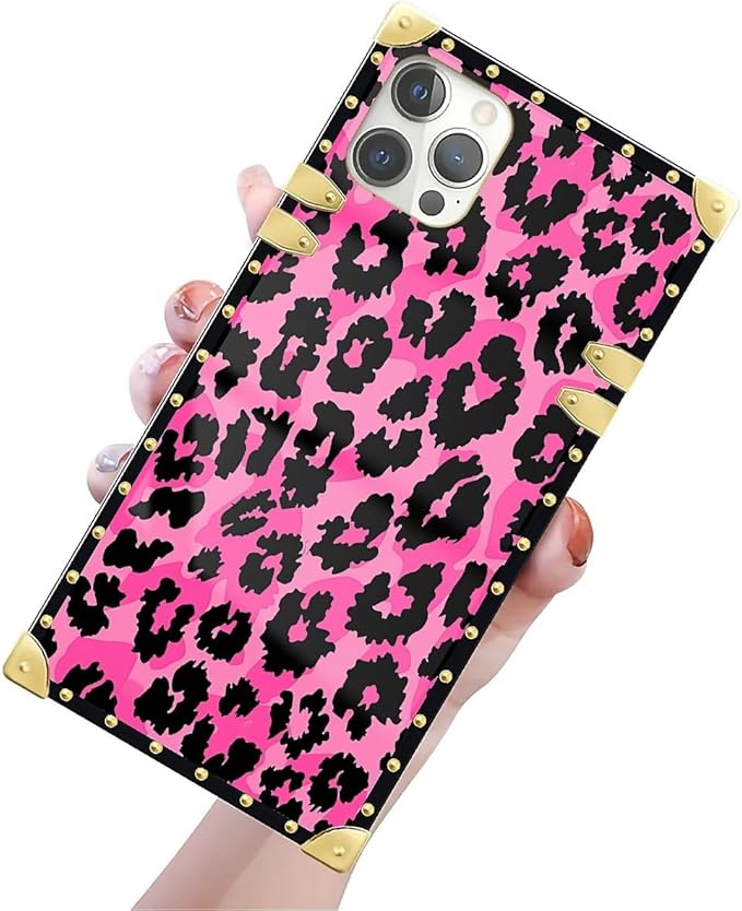 Compatible with iPhone 12 Case, Pink Black Leopard Luxury Golden Decoration for Girl Women Soft TPU Shockproof Protective Hard PC Back for iPhone 12 Pro