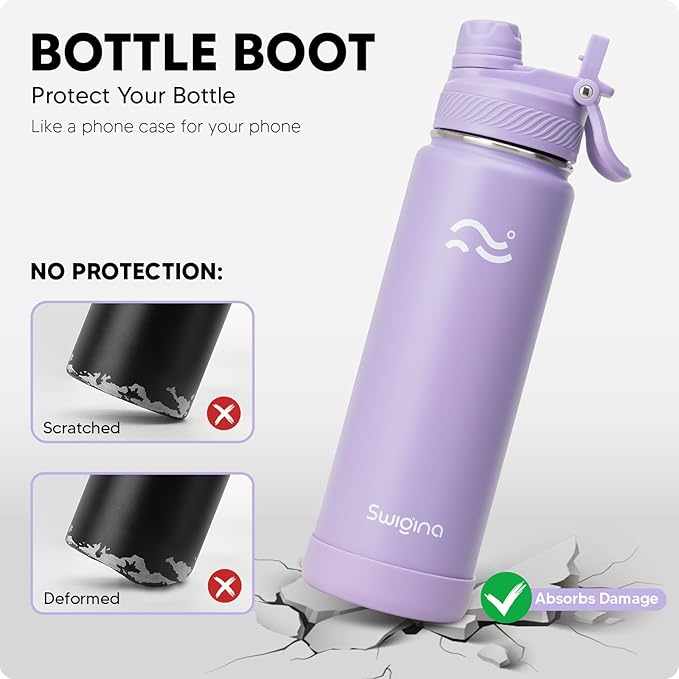 Swigina [2-IN-1 LID] Insulated Water Bottle with Silicone Boot (36hrs Cold/18hrs Hot) - DIY Stickers, Leakproof, BPA Free, 24 oz