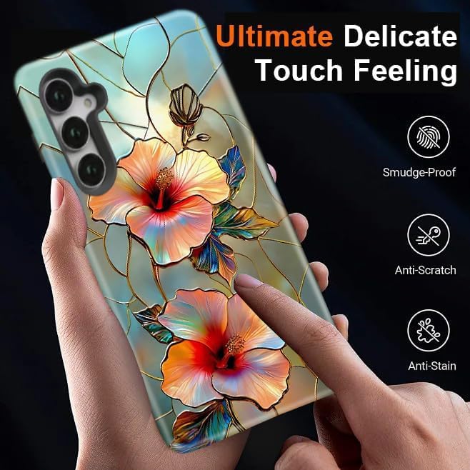 Compatible for Samsung Galaxy S26 Plus 5G Case, Dual Layer Heavy Duty 2 in 1 Shockproof Protective Phone Case,Stained Glass Floral Hibiscus