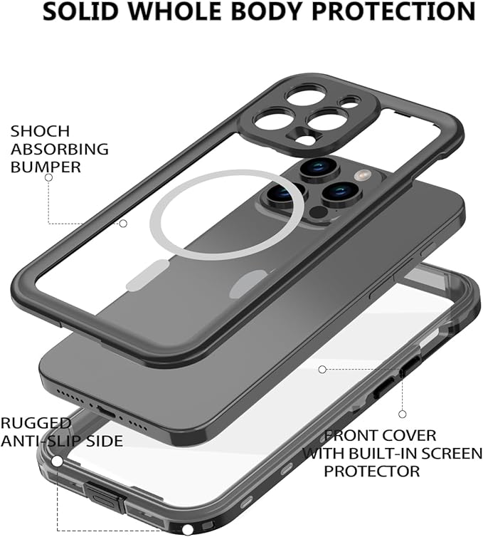 for iPhone 15 Pro Max Case Waterproof,Shockproof Dustproof IP68 Waterproof iPhone 15 Pro Max Case Built-in Screen Protector Charging Magnetic Ring for iPhone 15 Pro Max Cover Black