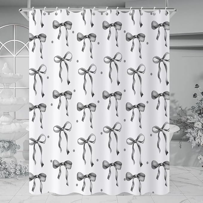 Grey and White Bow Shower Curtain, Grey Modern Aesthetic Bowknot with Polka Dot Cute Girly Bathroom Curtain Waterproof Fabric Machine Washable with Hooks, 72" Wx72 L