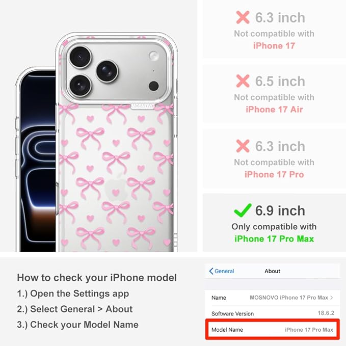 MOSNOVO for iPhone 17 Pro Max Case | Military Grade 6.6ft Drop Tested | Camera Control | Clear with Bowtiful Love Design