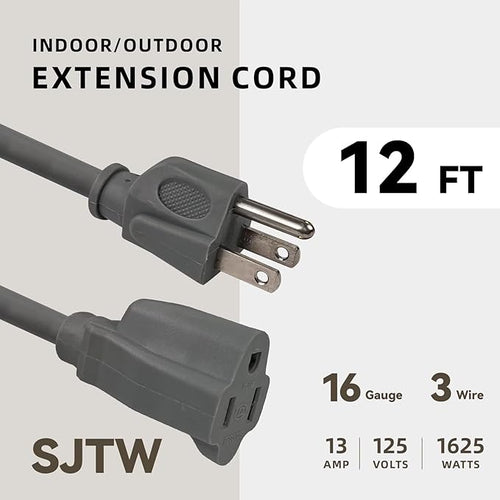 12ft Outdoor Extension Cord for Christmas Decorations - 16/3 Heavy Duty SJTW Waterproof Gray Electrical Cable with 3 Prong Grounded Plug for Safety, Great for Lawn and Major Appliances