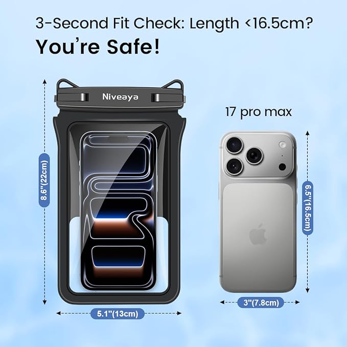 Niveaya Double Space Waterproof Phone Pouch - 2 Pack, Waterproof Phone Lanyard Case with iPhone 17/16/15/14/13 Pro Max up to 8.3", Phone Dry Bags for Vacation Beach Pool Kayak Cruise Travel Essentials