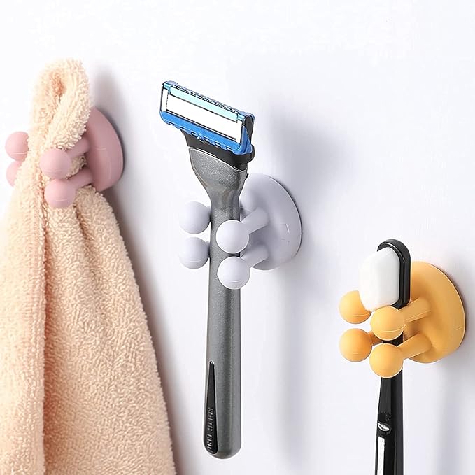 Silicone Toothbrush Holders - 4 Pcs Razor Hooks Adhesive Wall Mounted for Hanging Towel Key Plug Cable, Utility Decor Stick to Dorm Room Essentials Function for Kitchen Bathroom Home Office