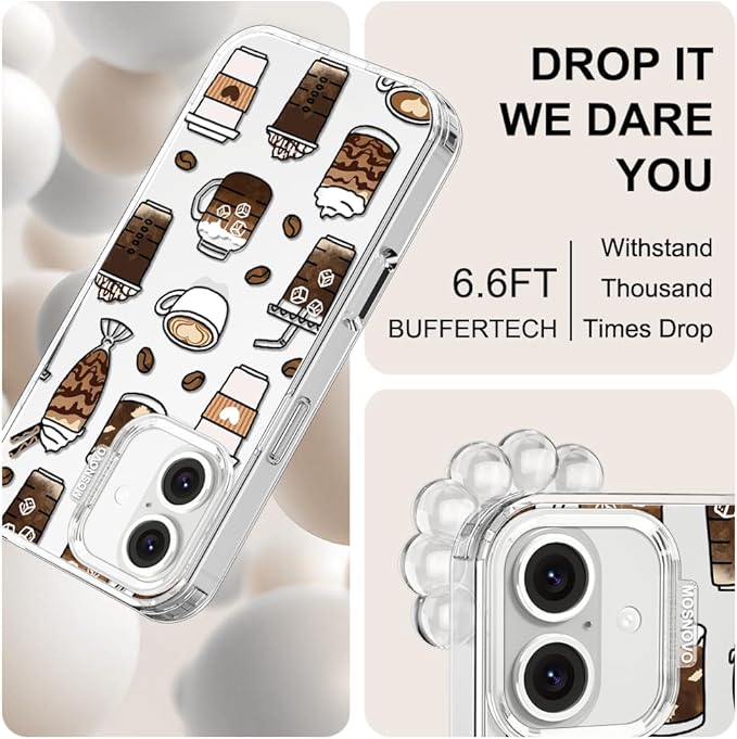 MOSNOVO Case for iPhone 16 Plus, [Buffertech 6.6ft Military-Grade Drop Protection] [Anti Peel Off Tech] Clear TPU Bumper Phone Case Cover Design - Coffee