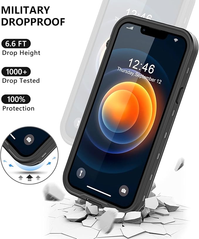Protebox for iPhone 12 Pro Max Waterproof Case with Built-in Screen Protector, Shockproof Dustproof Full Body Protective IP68 Waterproof Phone Case for iPhone 12 Pro Max 6.7 inch (Black/Clear)