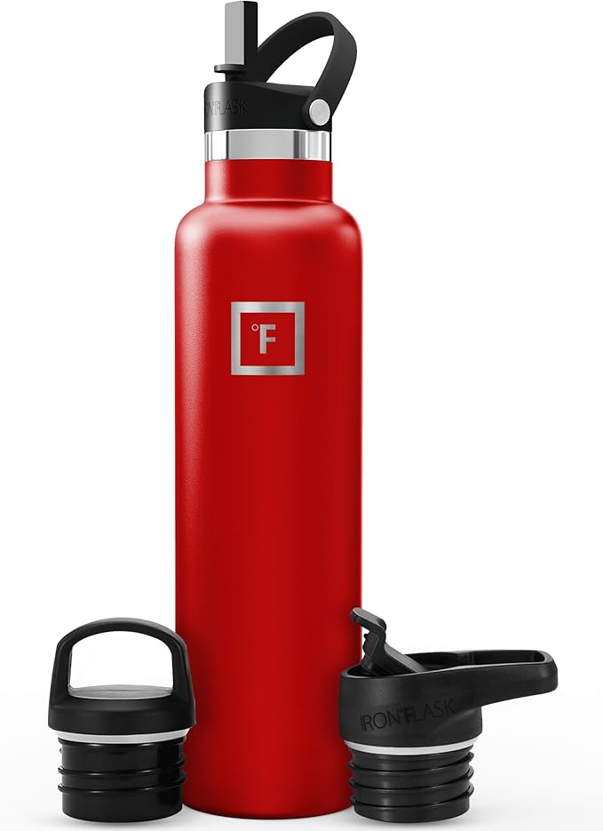 IRON °FLASK Camping & Hiking Hydration Flask with Straw, BPA-Free Insulated Stainless Steel Sports Water Bottle - 24 oz Fire Red