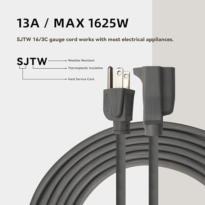 8ft Outdoor Extension Cord for Christmas Decorations- 16/3 Heavy Duty SJTW Waterproof Gray Electrical Cable with 3 Prong Grounded Plug for Safety, Great for Lawn and Major Appliances