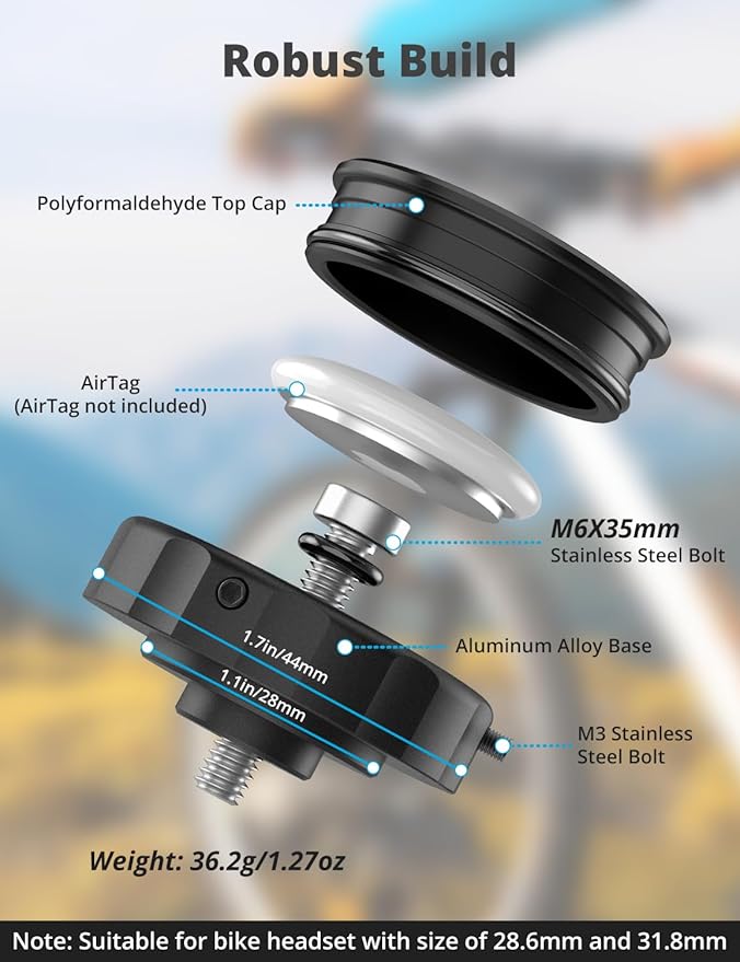 SUPMEGA Bike Mount for AirTag (Gen 1 & 2), Hidden Bicycle Stem Cap Mount for AirTag, Anti-Theft Bike GPS Tracker Accessory Waterproof Holder for Bicycles with Headset Cap Size of 1-1/8" & 1-1/4"